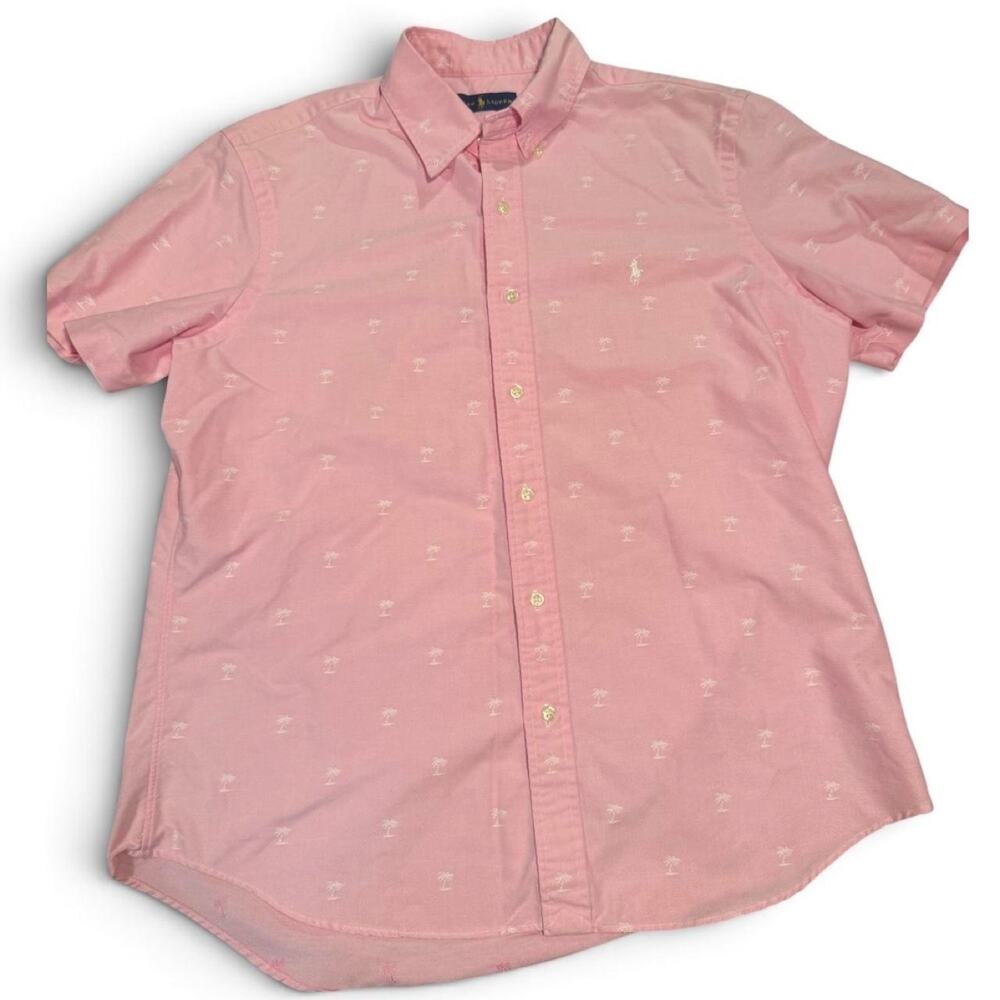 Ralph Lauren Men’s Large Pink Palm Tree Embroidered Short-Sleeve Shirt